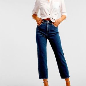 Express jeans. Super high waisted dark wash cropped straight jeans.